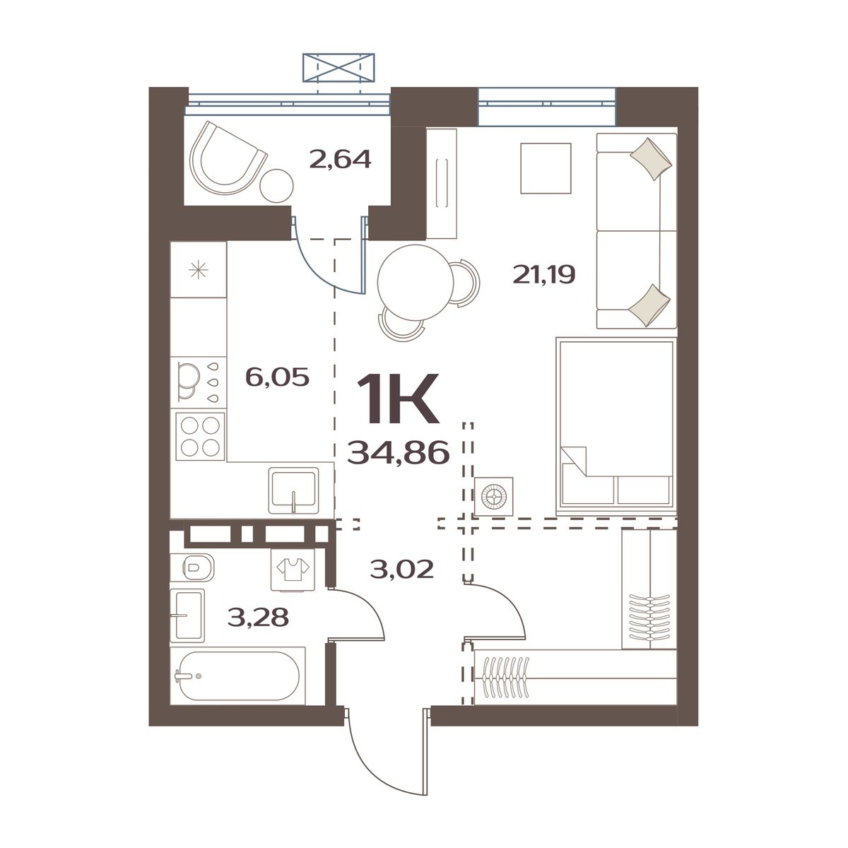 ЖК Меридианы Улисса, 1-комн кв 34,86 м2, за 5 433 000 ₽, 4 этаж